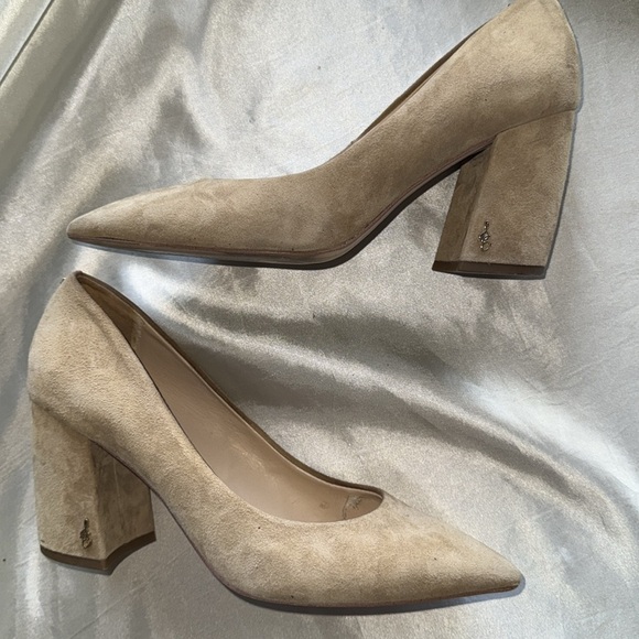 Sam Edelman Tatiana Oatmeal Suede Block Heels SE Signature Logo Block Heels Sz 9 - Picture 6 of 16